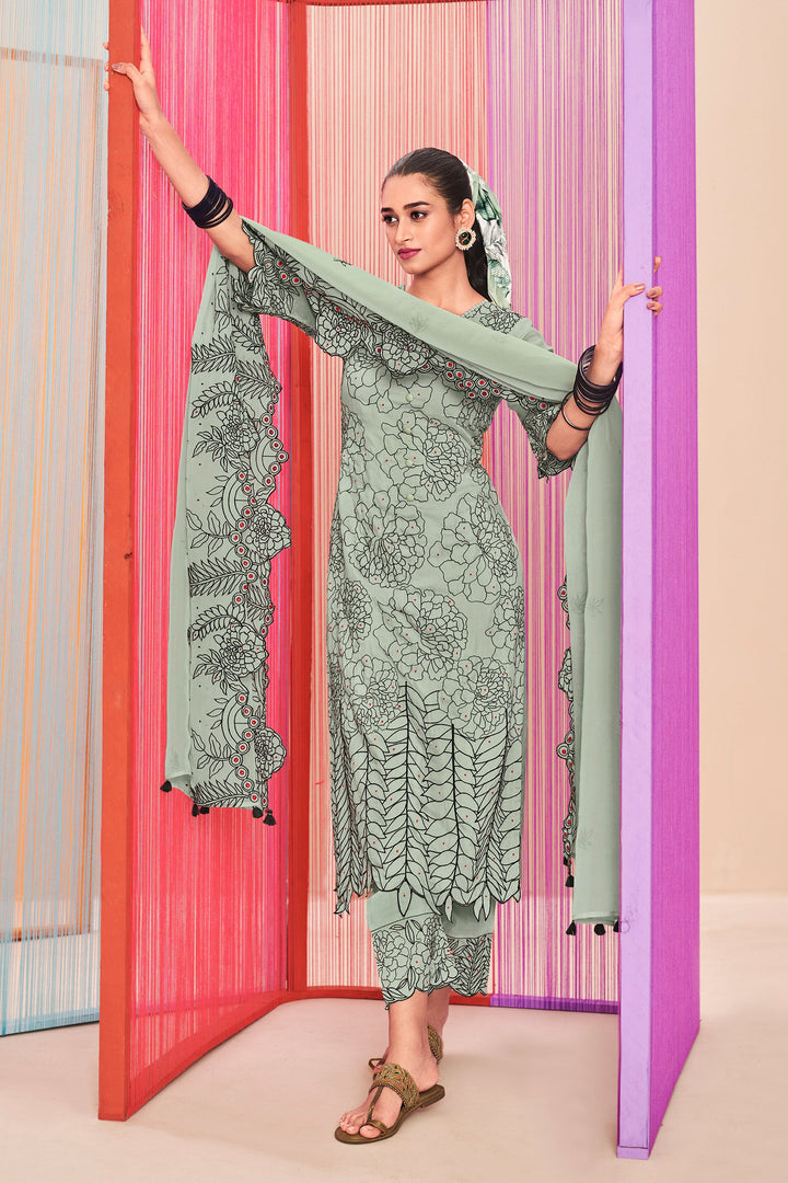 Pure Moga Silk Fancy Embroidery Disigner Long Suit In Light Cyan Color