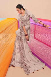 Beige Fancy Pure Moga Silk Embroidery Disigner Long Dress