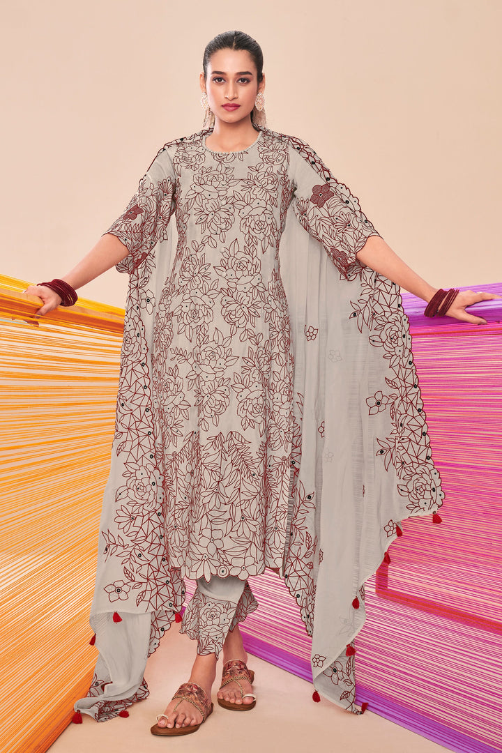 Beige Fancy Pure Moga Silk Embroidery Disigner Long Dress