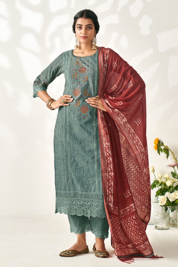 Teal Color Pure South Cotton Fabric Salwar Suit With Embroidery Work