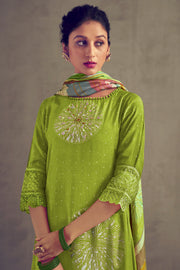 Green Color Pure Muslin Silk Digital Print Casual Long Straight Cut Suit