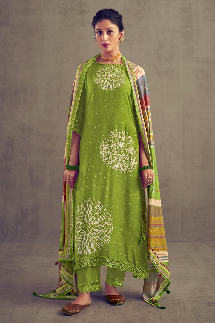 Green Color Pure Muslin Silk Digital Print Casual Long Straight Cut Suit
