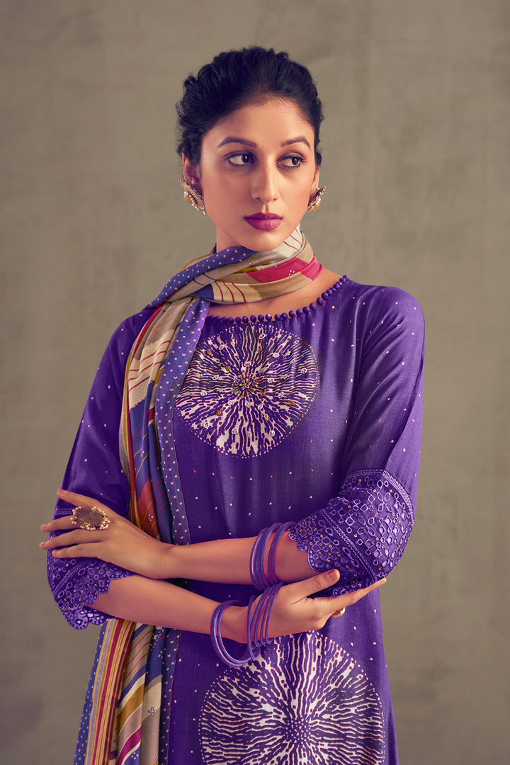 Purple Color Pure Muslin Silk Digital Print Casual Long Straight Cut Salwar Kameez