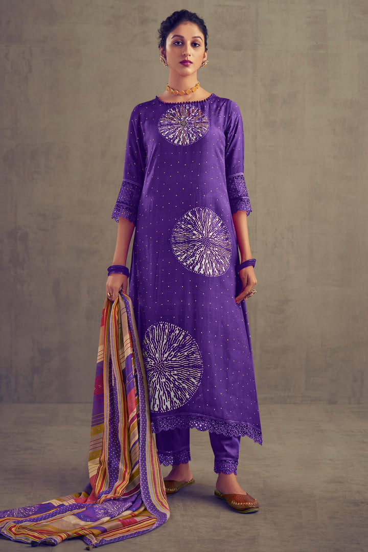 Purple Color Pure Muslin Silk Digital Print Casual Long Straight Cut Salwar Kameez