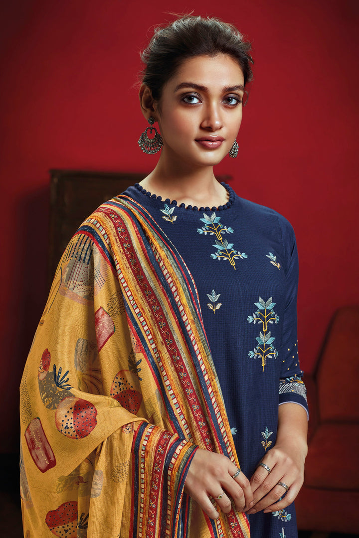 Navy Blue Color Pure Rayon Checks Fancy Embroidery Work Long Straight Cut Salwar Kameez
