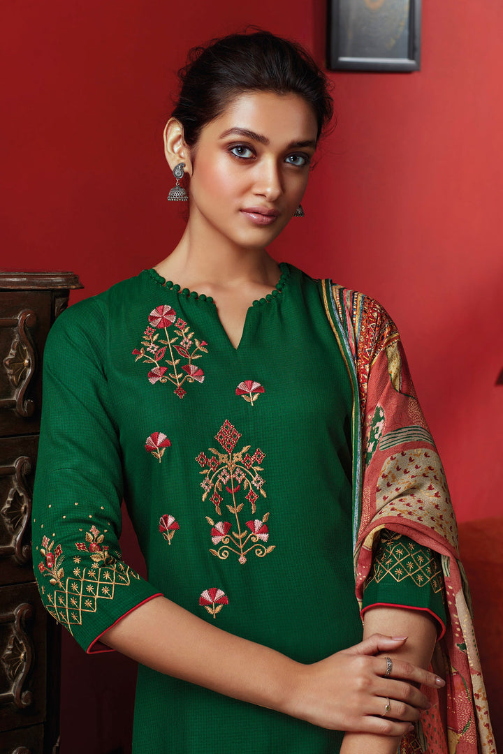 Dark Green Color Pure Rayon Checks Fancy Embroidery Work Long Straight Cut Salwar Kameez