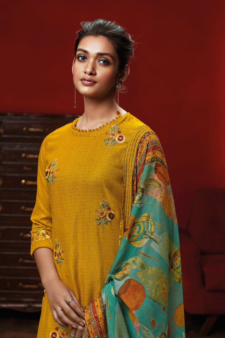 Mustard Color Pure Rayon Checks Fancy Embroidery Work Long Straight Cut Salwar Kameez