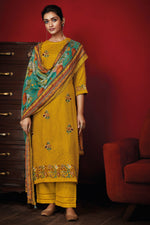 Load image into Gallery viewer, Mustard Color Pure Rayon Checks Fancy Embroidery Work Long Straight Cut Salwar Kameez
