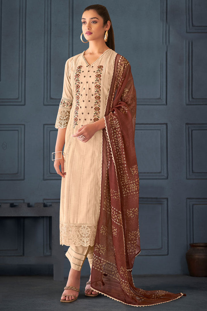 Placement Embroidery Straight Cut Salwar Suit With Pure Cotton Bottom