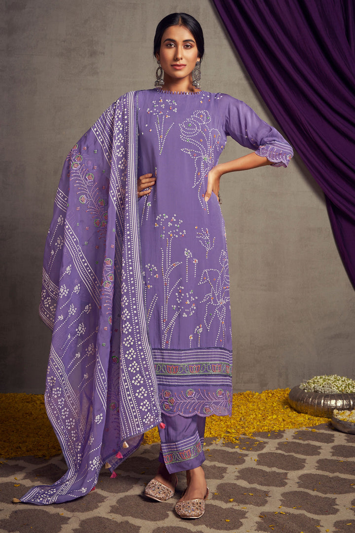 Lavender Color Pure Organza Khadi Print Casual Long Salwar Kameez With Hand Work