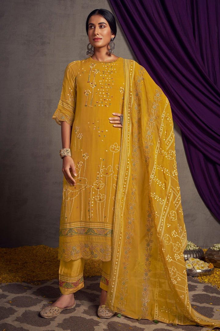 Yellow Color Pure Organza Khadi Print Casual Long Salwar Kameez With Hand Work