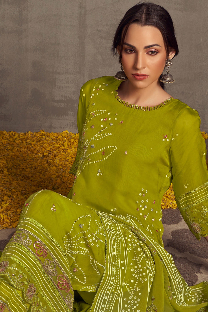 Green Color Pure Organza Khadi Print Casual Long Salwar Kameez With Hand Work