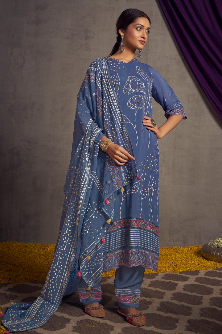 Blue Color Pure Organza Khadi Print Daily Wear Long Salwar Suit With Hand Work