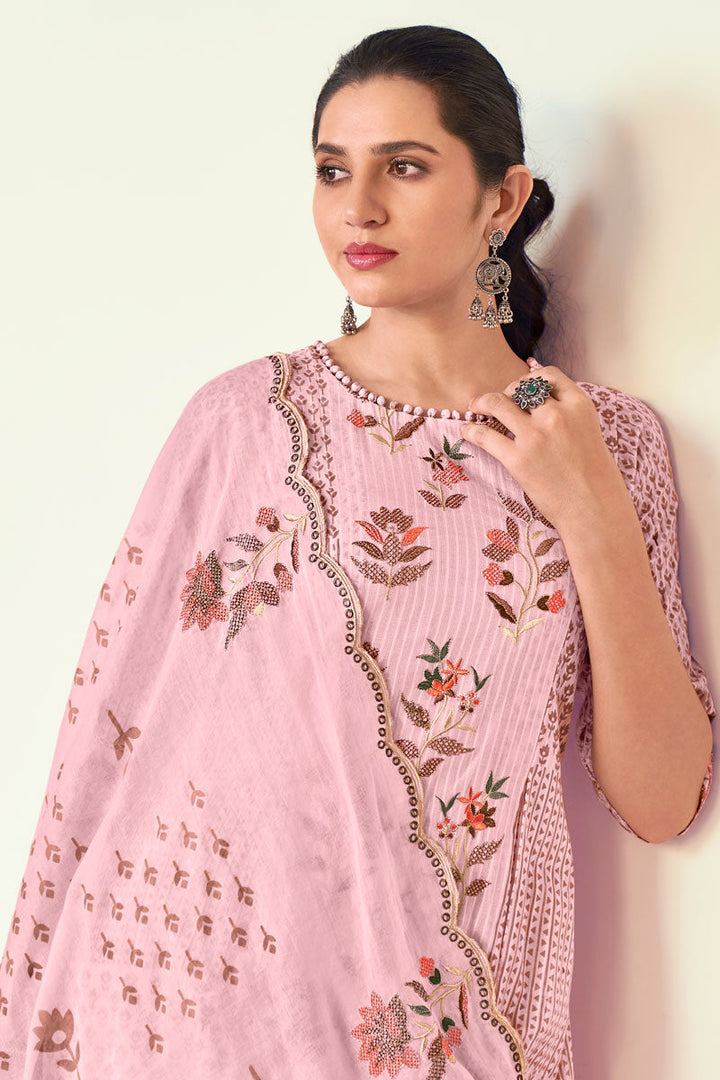 Pink Pure Cotton Fabric Enchanting Threads Designer Straight Cut Salwar Suit
