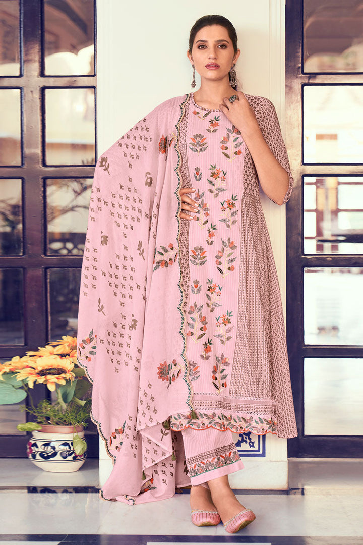 Pink Pure Cotton Fabric Enchanting Threads Designer Straight Cut Salwar Suit