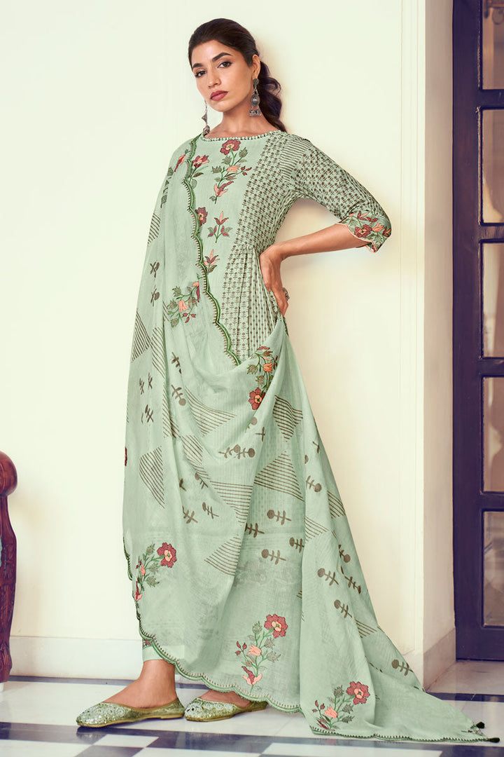 Sea Green Pure Cotton Fabric Ethereal Harmony Designer Straight Cut Salwar Suit