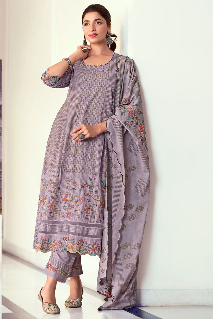 Lavender Pure Cotton Fabric Artisanal Impressions Designer Straight Cut Salwar Suit