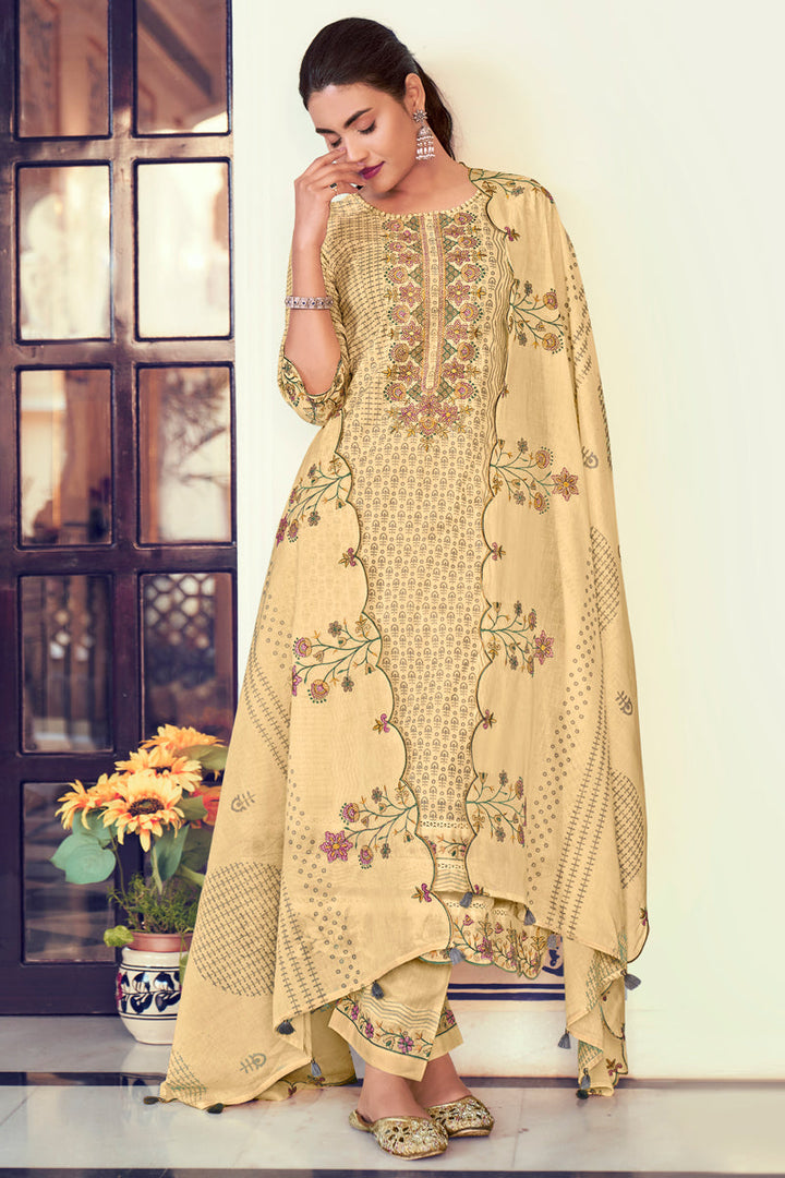 Beige Pure Cotton Fabric Serene Elegance Designer Straight Cut Salwar Suit Set