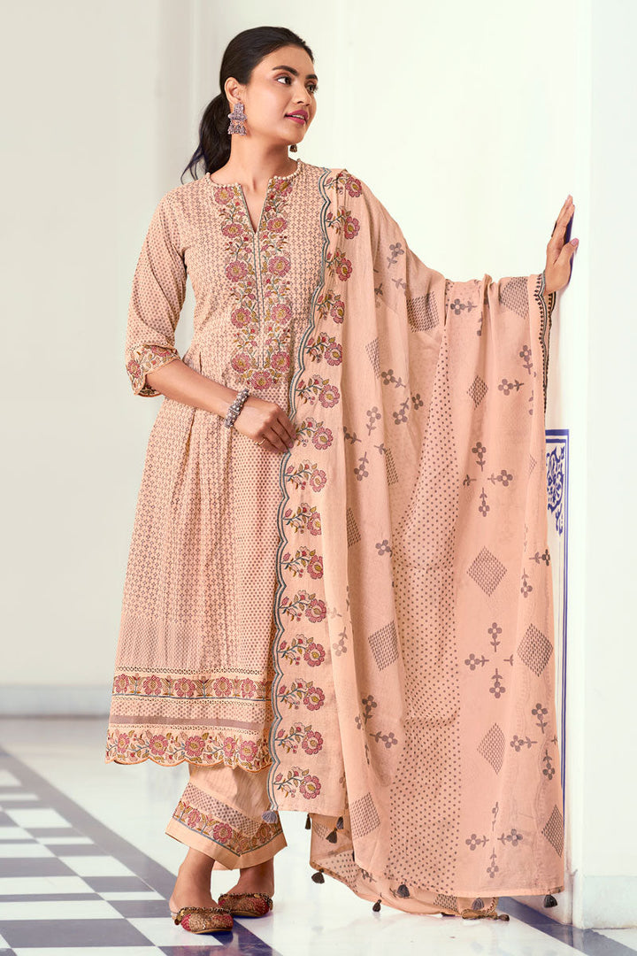 Peach Pure Cotton Fabric Floral Fusion Designer Straight Cut Salwar Suit Set