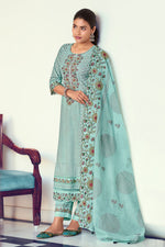 Load image into Gallery viewer, Cyan Enchanting Blooms Designer Straight Cut Salwar Suit With Pure Cotton Block Print