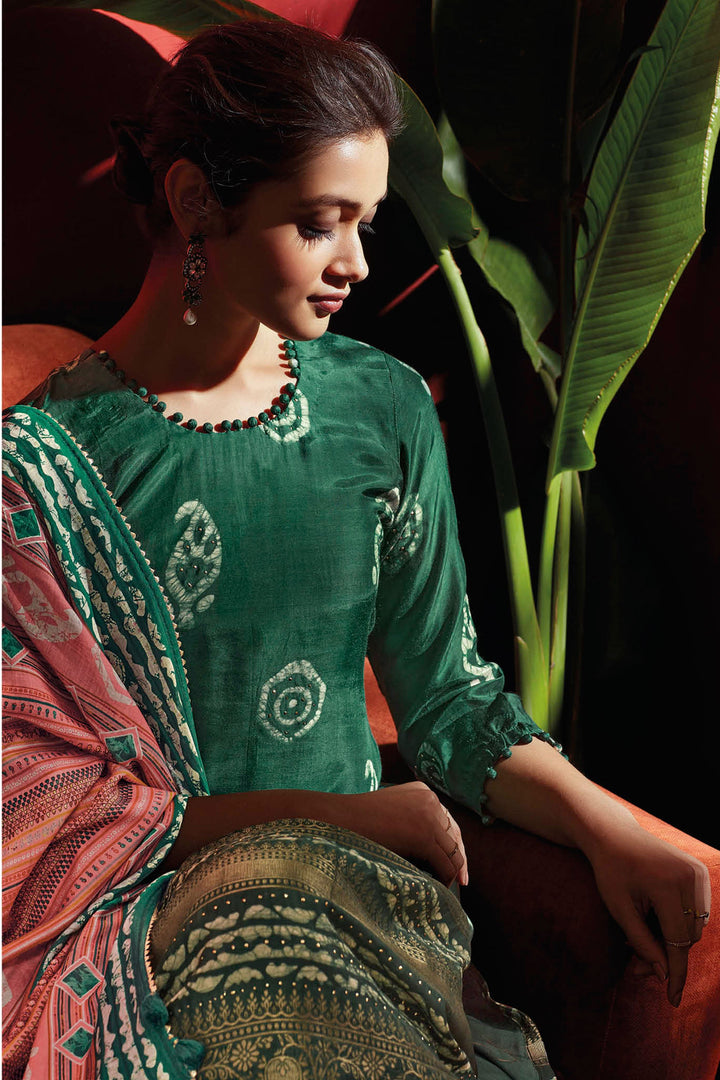 Gorgeous Pure Muga Silk Green Batik Printed Salwar Suit