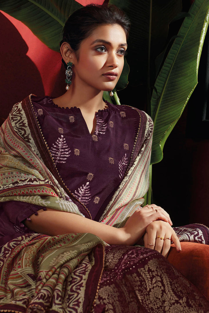 Rich Pure Muga Silk Purple Batik Printed Salwar Suit