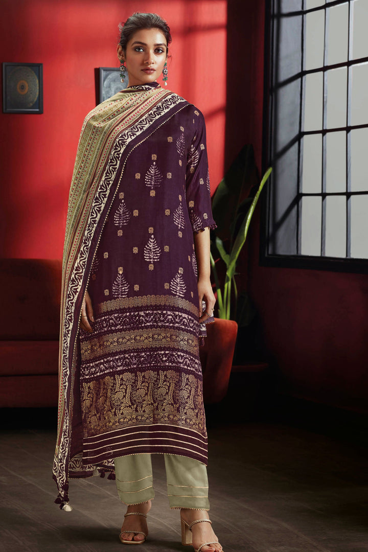 Rich Pure Muga Silk Purple Batik Printed Salwar Suit