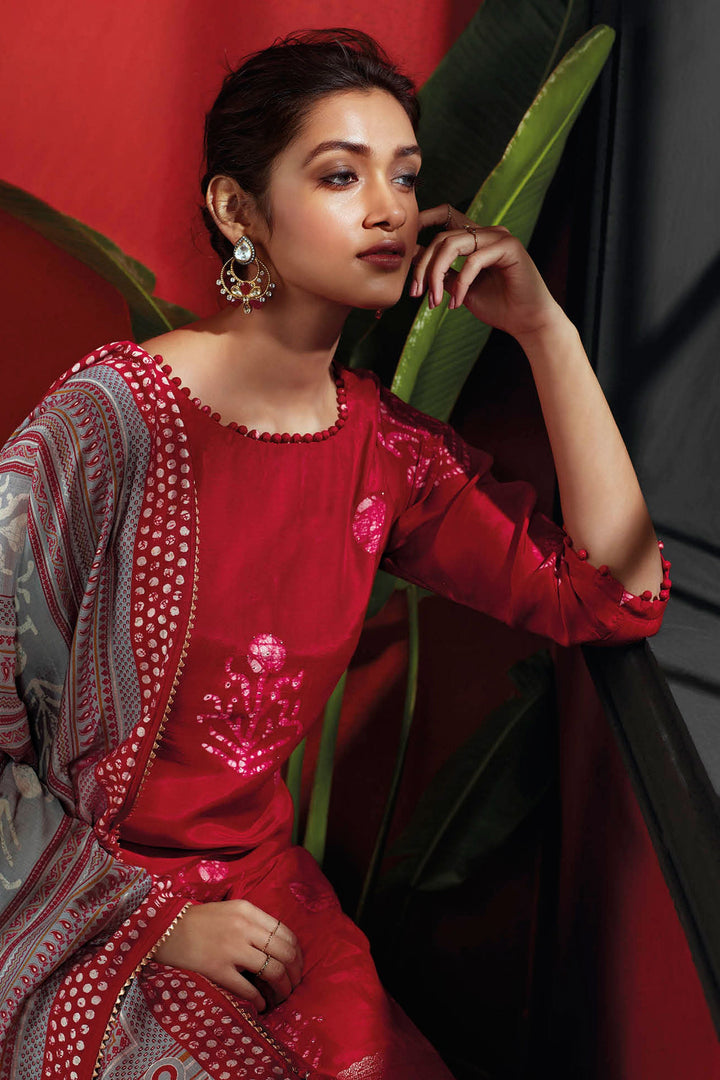 Elegant Pure Muga Silk Red Batik Printed Salwar Suit