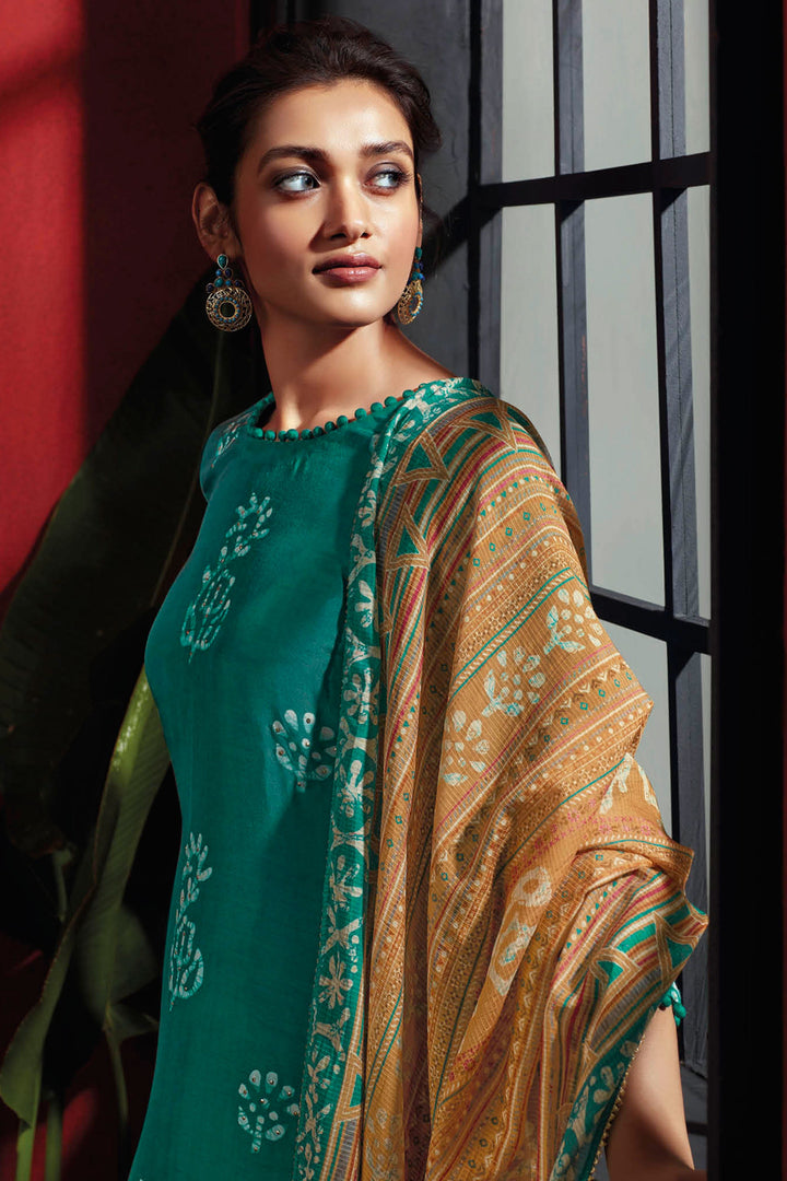 Ravishing Pure Muga Silk Green Batik Printed Salwar Suit