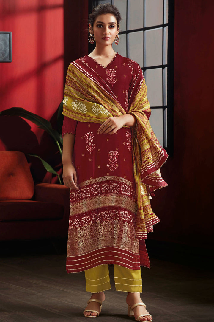 Resplendent Pure Muga Silk Red Batik Printed Salwar Suit