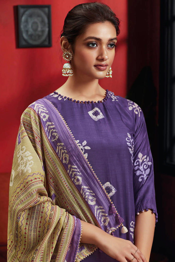 Enticing Pure Muga Silk Purple Batik Printed Salwar Suit