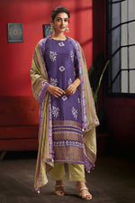 Load image into Gallery viewer, Enticing Pure Muga Silk Purple Batik Printed Salwar Suit
