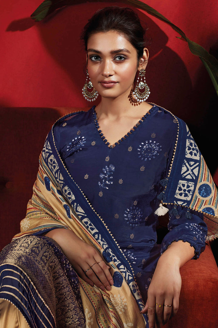 Graceful Pure Muga Silk Blue Batik Printed Salwar Suit