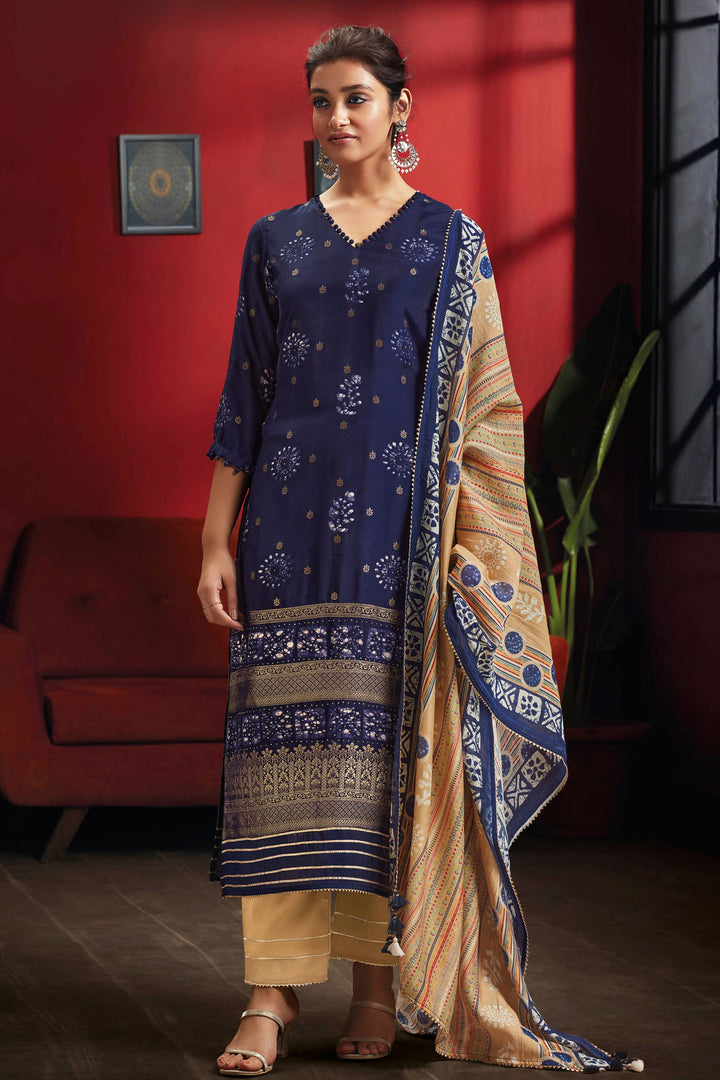 Graceful Pure Muga Silk Blue Batik Printed Salwar Suit