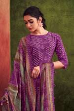 Load image into Gallery viewer, Purple Color Pure Muslin Silk Gold Lining Digital Print Casual Long Straight Cut Salwar Kameez