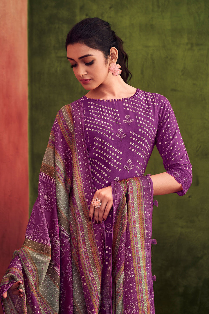 Purple Color Pure Muslin Silk Gold Lining Digital Print Casual Long Straight Cut Salwar Kameez