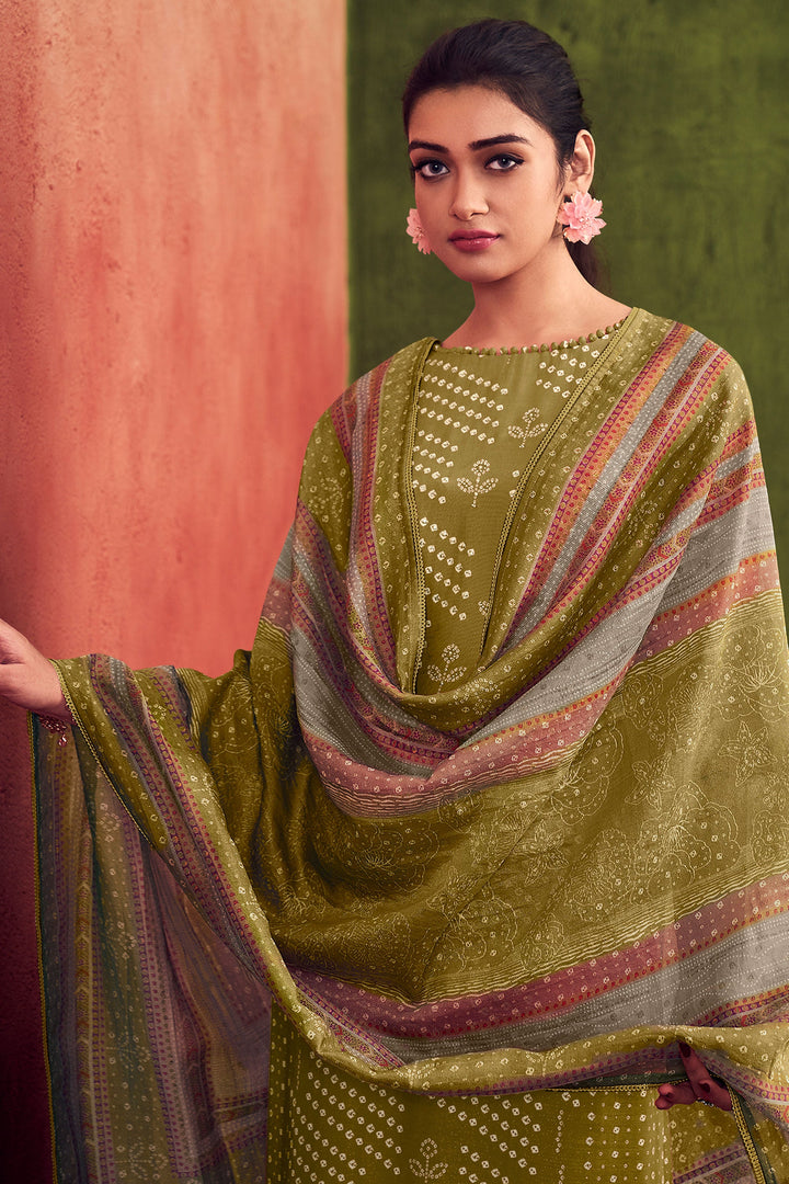Green Color Pure Muslin Silk Gold Lining Digital Print Daily Wear Long Straight Cut Salwar Suit