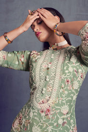 Sea Green Color Pure Organza Heavy Lakhnavi Embroidered Long Straight Cut Salwar Kameez