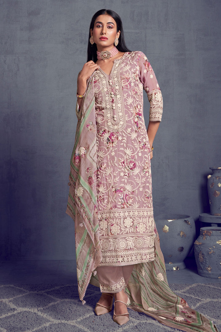 Pink Color Pure Organza Heavy Lakhnavi Embroidered Long Straight Cut Salwar Suit