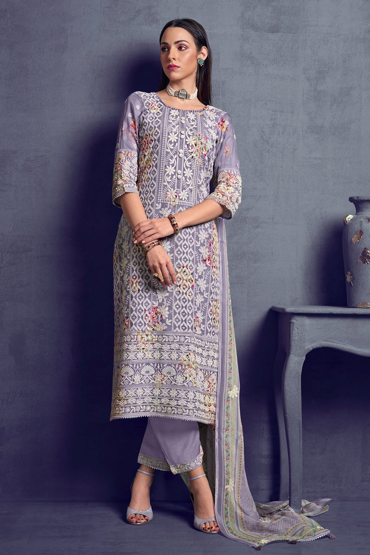 Lavender Color Pure Organza Heavy Lakhnavi Embroidered Long Straight Cut Salwar Suit