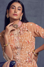Peach Color Pure Organza Heavy Lakhnavi Embroidered Long Straight Cut Suit