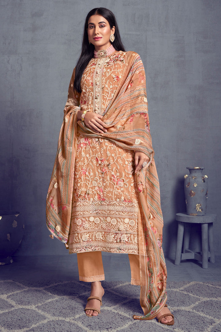 Peach Color Pure Organza Heavy Lakhnavi Embroidered Long Straight Cut Suit