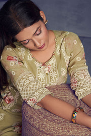 Beige Color Pure Organza Heavy Lakhnavi Embroidered Long Straight Cut Salwar Kameez