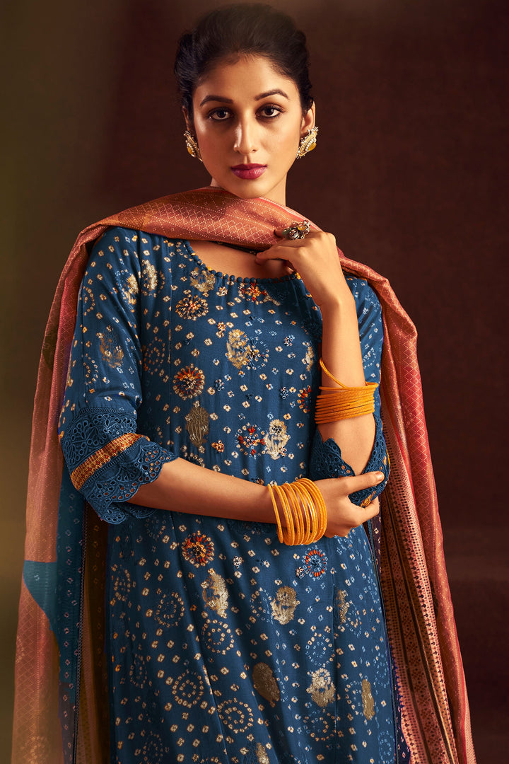Pure Muslin Jacquard Digital Print Function Wear Salwar Suit In Navy Blue Color