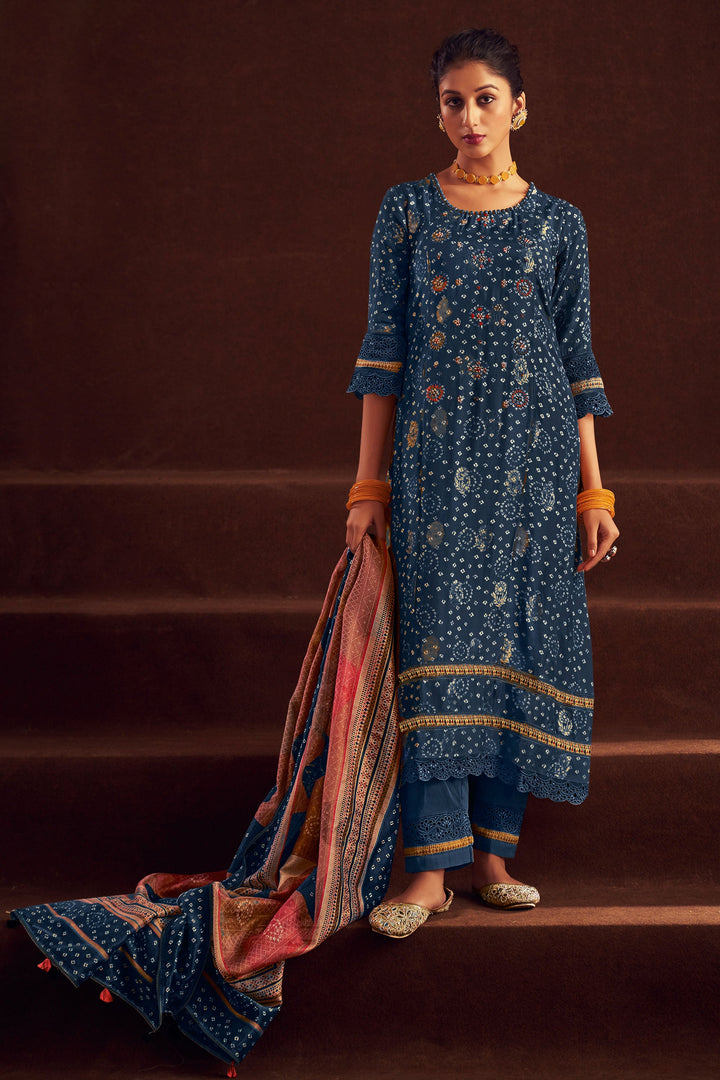 Pure Muslin Jacquard Digital Print Function Wear Salwar Suit In Navy Blue Color