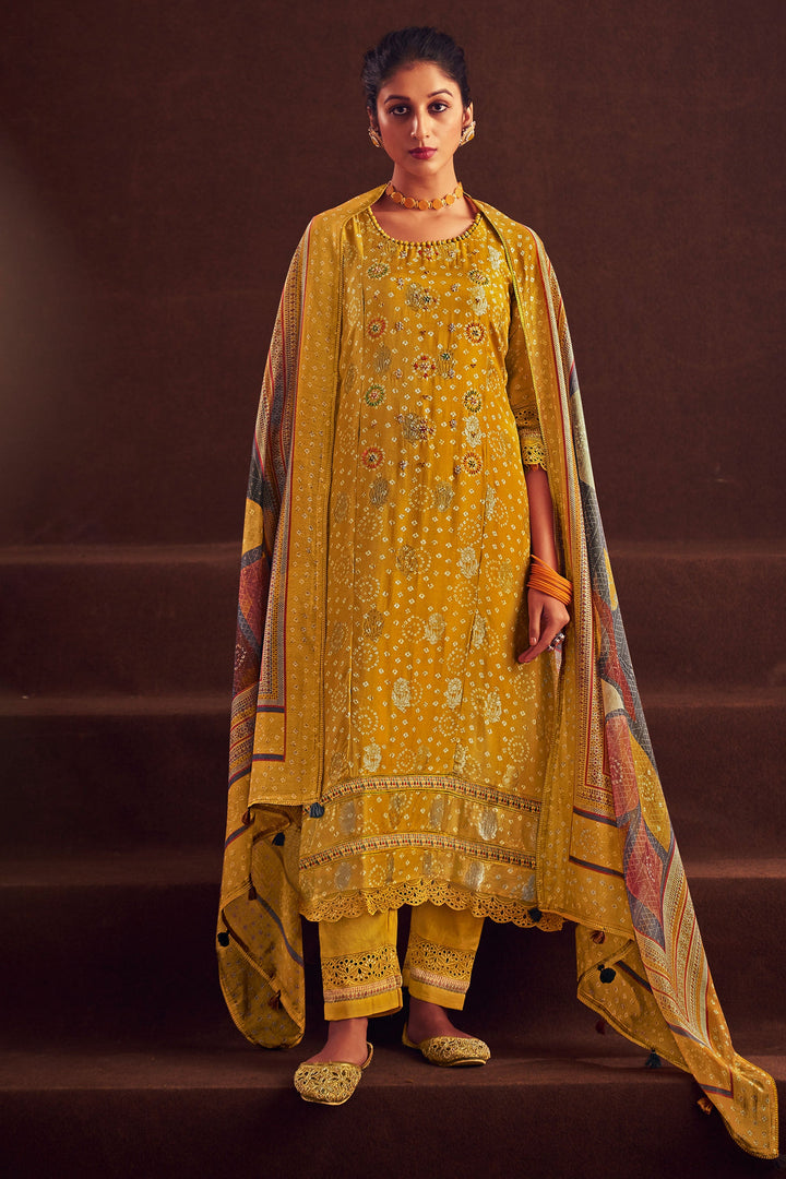 Mustard Color Pure Muslin Jacquard Digital Print Salwar Kameez In Art Silk Fabric