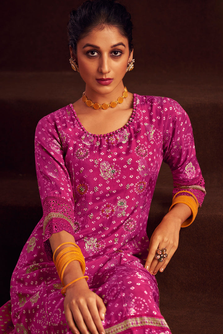 Pure Muslin Jacquard Digital Print Festive Wear Salwar Suit In Magenta Color