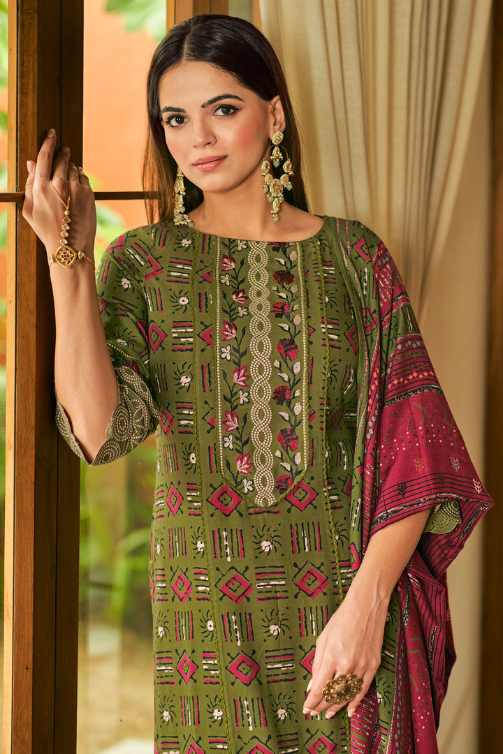 Green Color Pure Pashmina Digital Print Salwar Suit