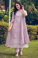 Load image into Gallery viewer, Lavender Color Designer Straight Cut Salwar Suit With Pure Cotton Khadi Print And Embroidery