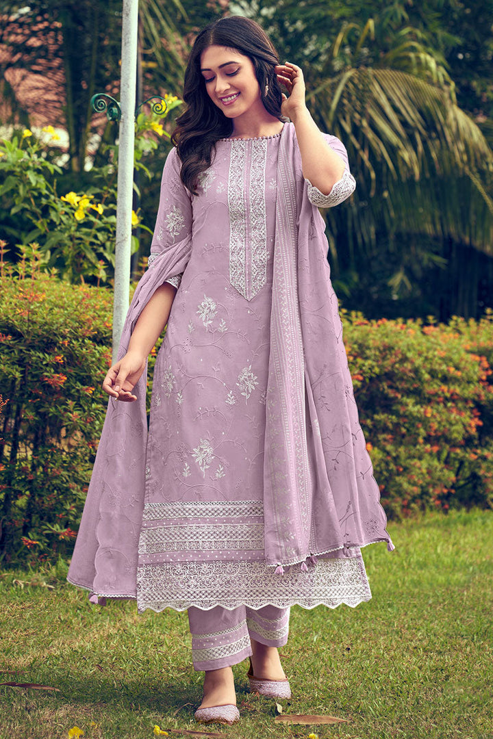 Lavender Color Designer Straight Cut Salwar Suit With Pure Cotton Khadi Print And Embroidery